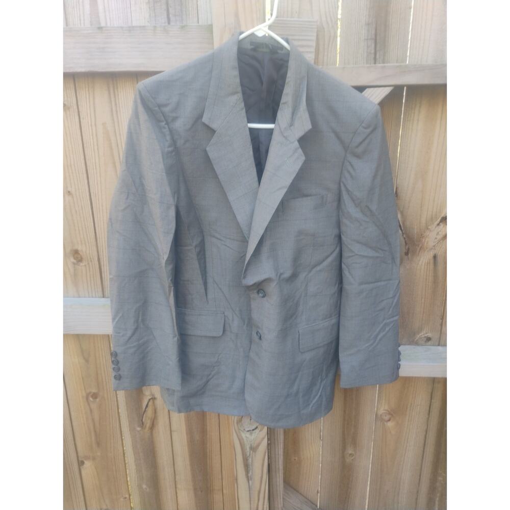 London Square Men’s Blazer 42R Gray Windowpane Plaid Sport Coat Poly Vintage